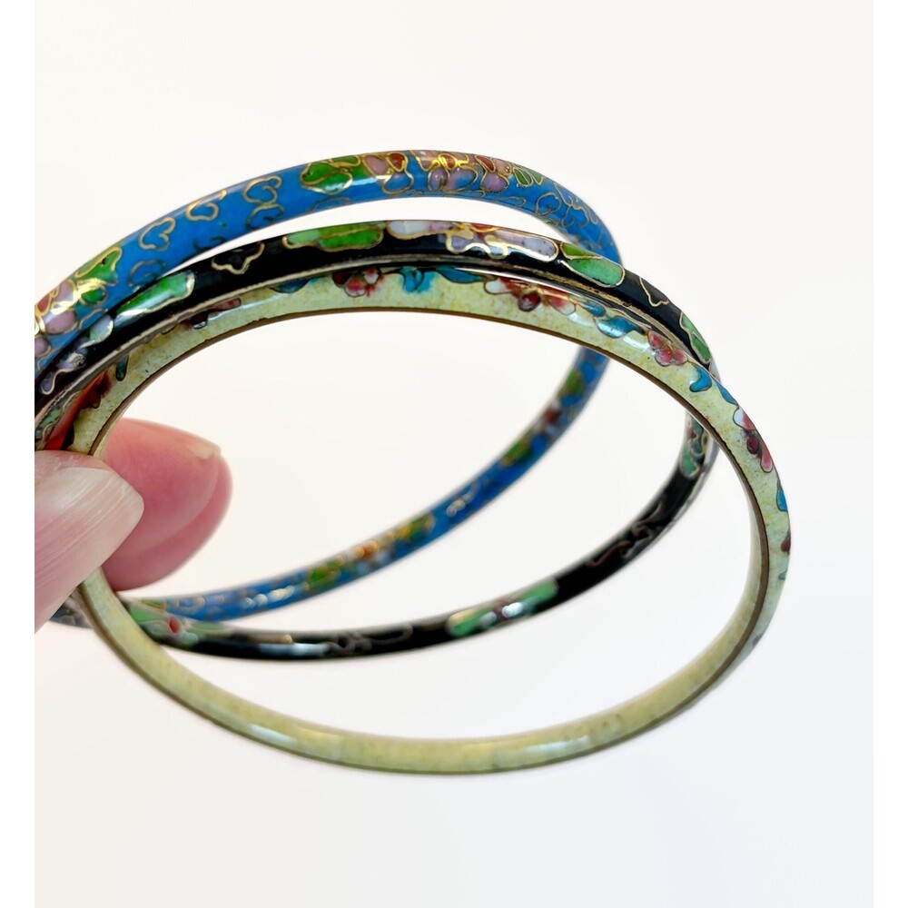 Vintage Asian Cloisonne Bangle Bracelets, Bohemian Stack Set, Blue Black Flower - Picture 3 of 6
